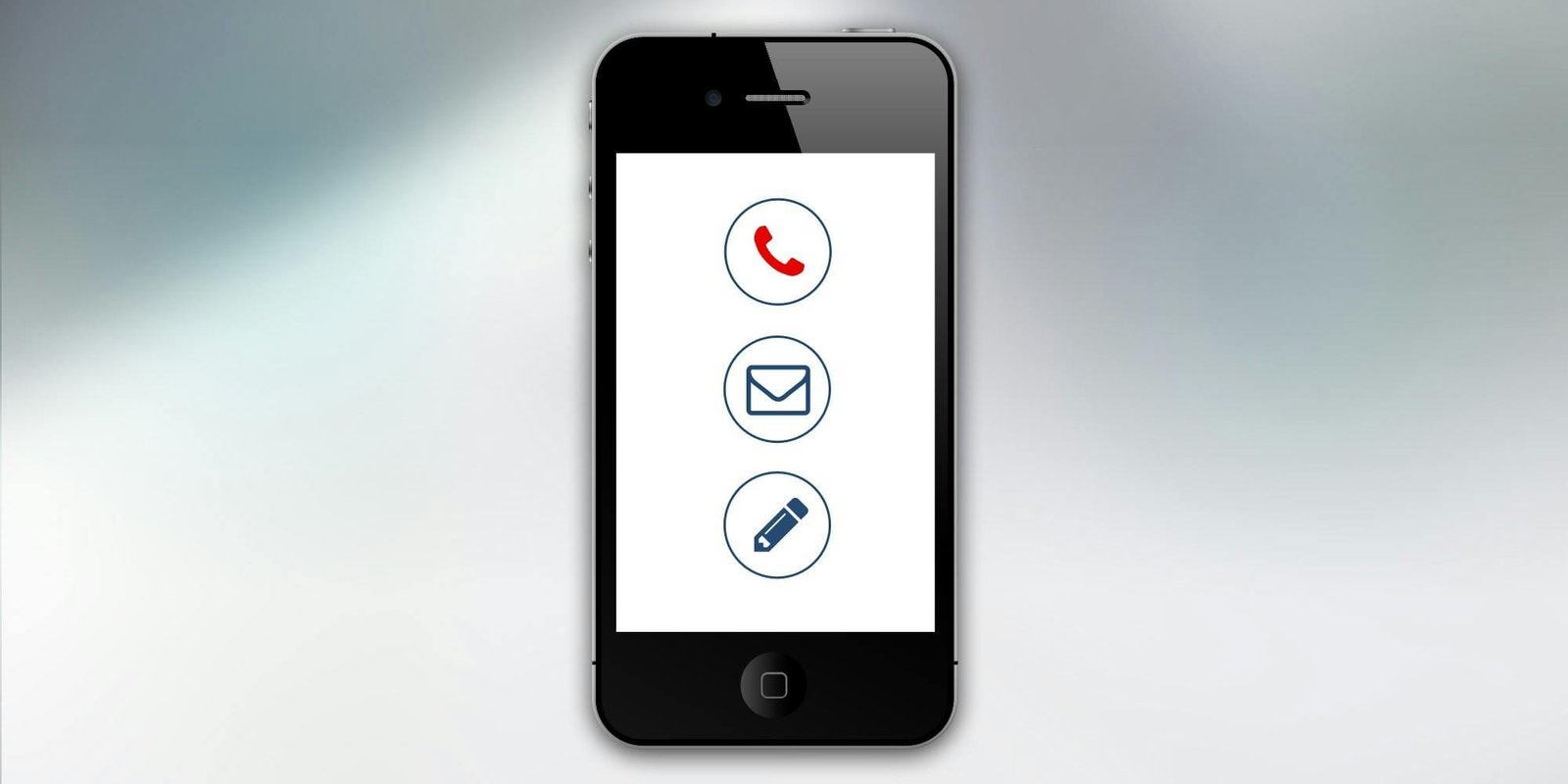 Smartphone showing communication icons for call, email, and messaging on screen.